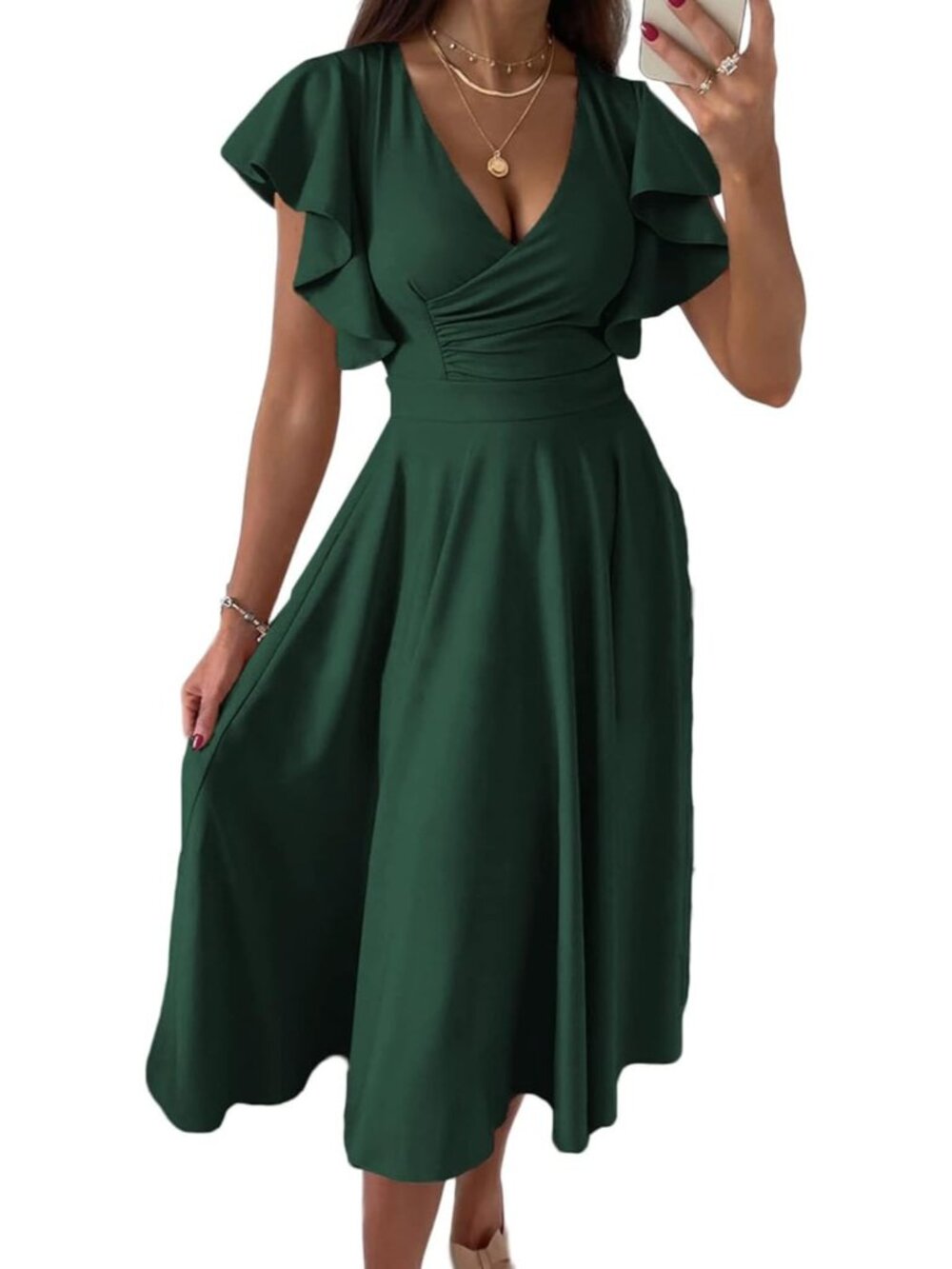 Women's Dark Green Ruffled Flutter Sleeves V Neck High Waist Imported MIDI Dress